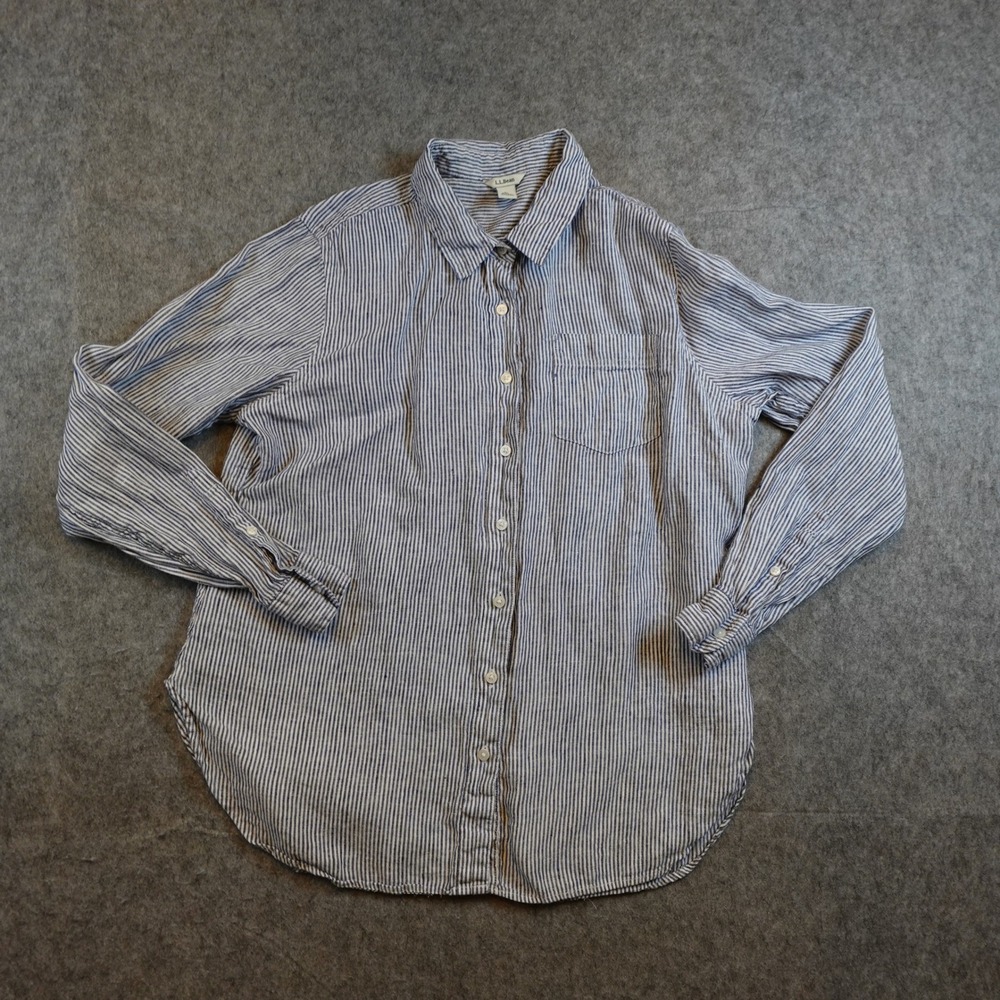 LL Bean Top Women Medium Petite Blue White Striped Linen Button Down Long Sleeve